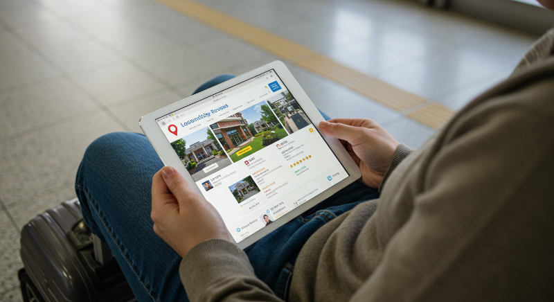 태블릿으로 예약 플랫폼에서 평점 높은 숙소의 위치 항목 리뷰를 확인하는 여행자.