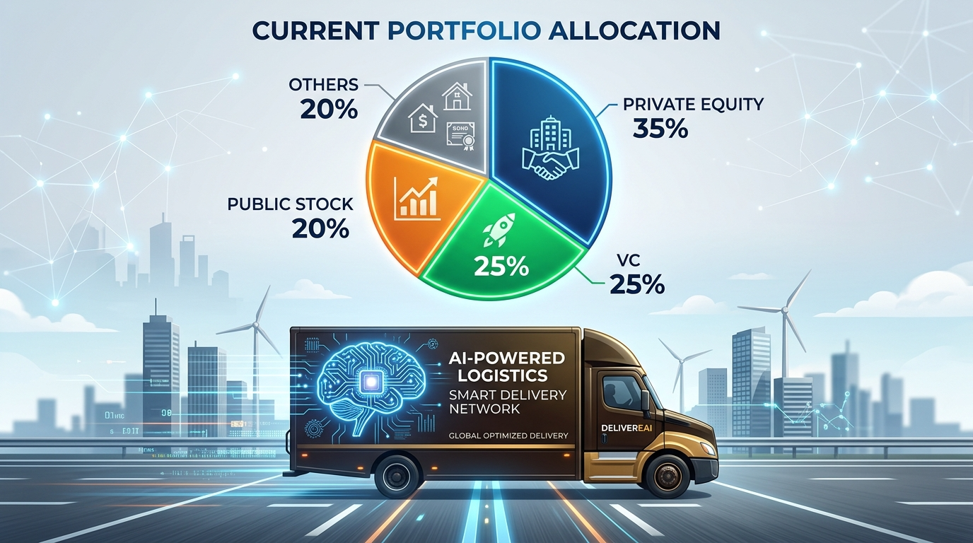 케빈 워시의 자산 포트폴리오 파이 차트와 UPS 물류 트럭 위에 AI 뇌가 그려진 그래픽