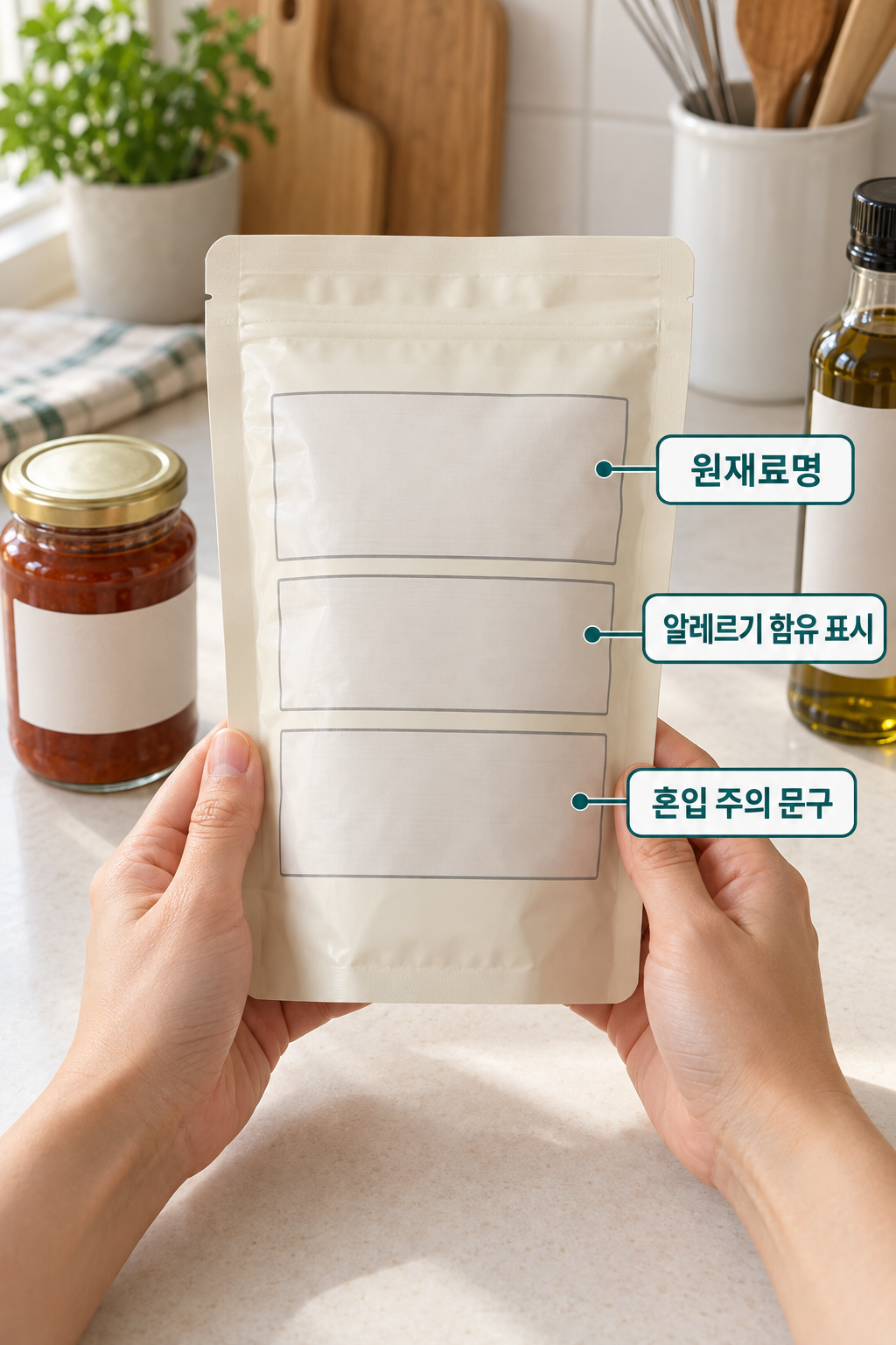 양념병과 포장 소스의 원재료명·함유 표시·혼입 주의 문구를 확인하는 손