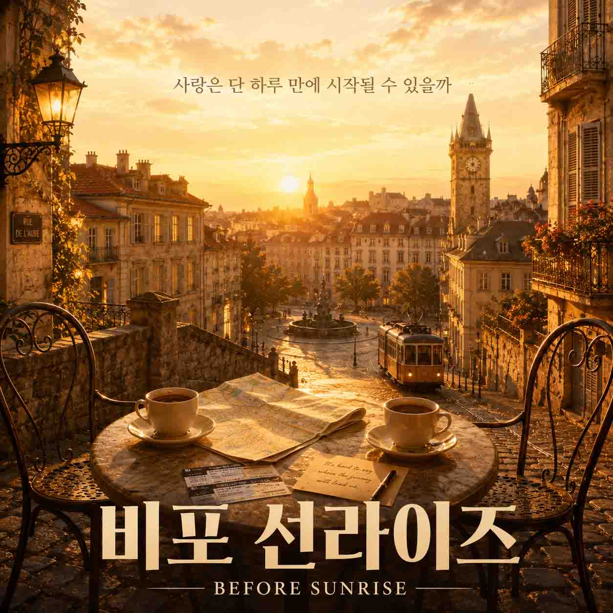 영화 비포 선라이즈를 표현한 황금빛 노을의 유럽 거리와 카페 테이블 위 두 잔의 커피 이미지