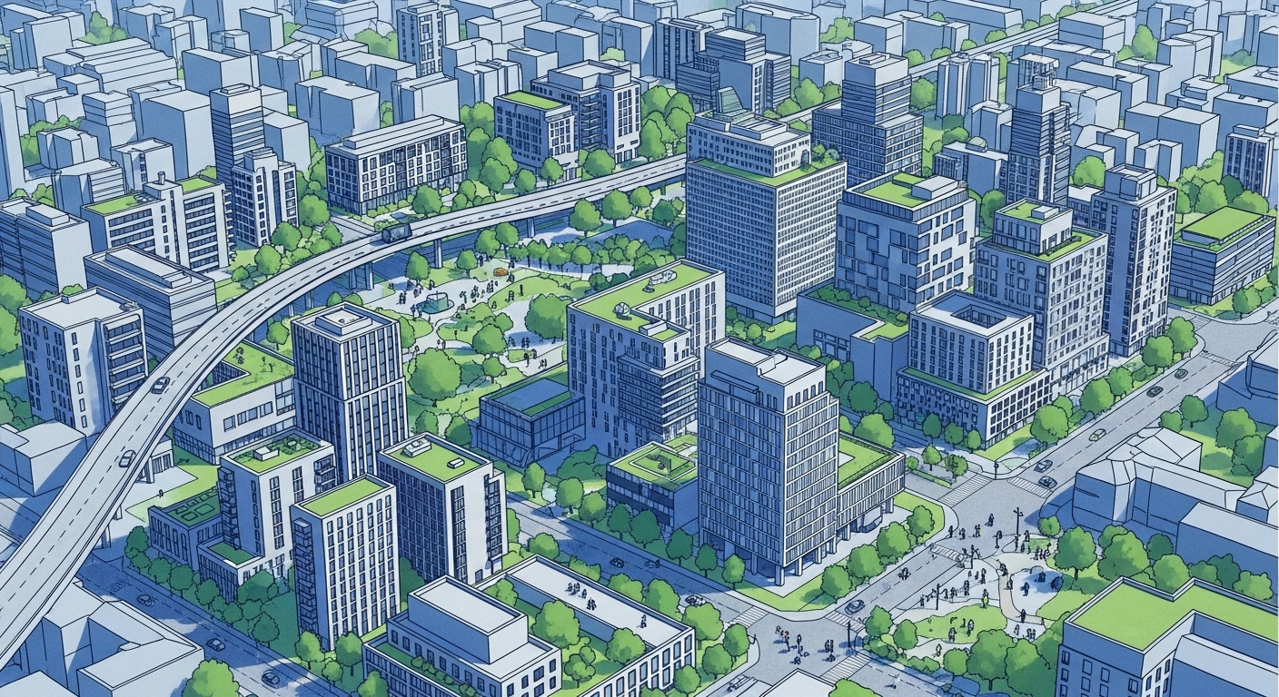 새롭게 활성화된 도심의 모습을 공중에서 바라본 일러스트, 활기찬 주택 공급을 상징