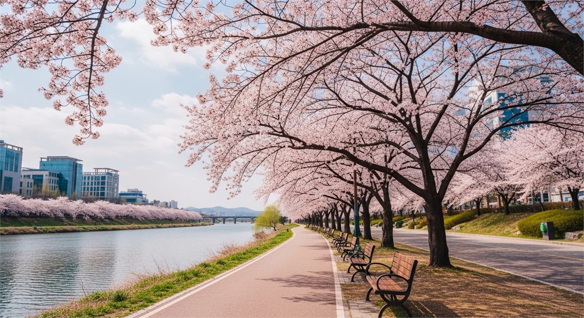 강변 산책길을 따라 벚꽃이 핀 봄날의 풍경 사진