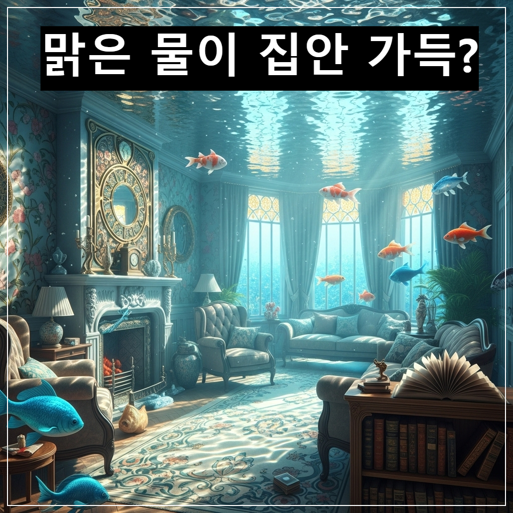따스한 햇살이 비치는 현대적인 거실 바닥에 맑고 투명한 물이 찰랑거리며 가득 차 있고, 물결 위로 황금빛 빛망울이 반짝이는 몽환적인 분위기