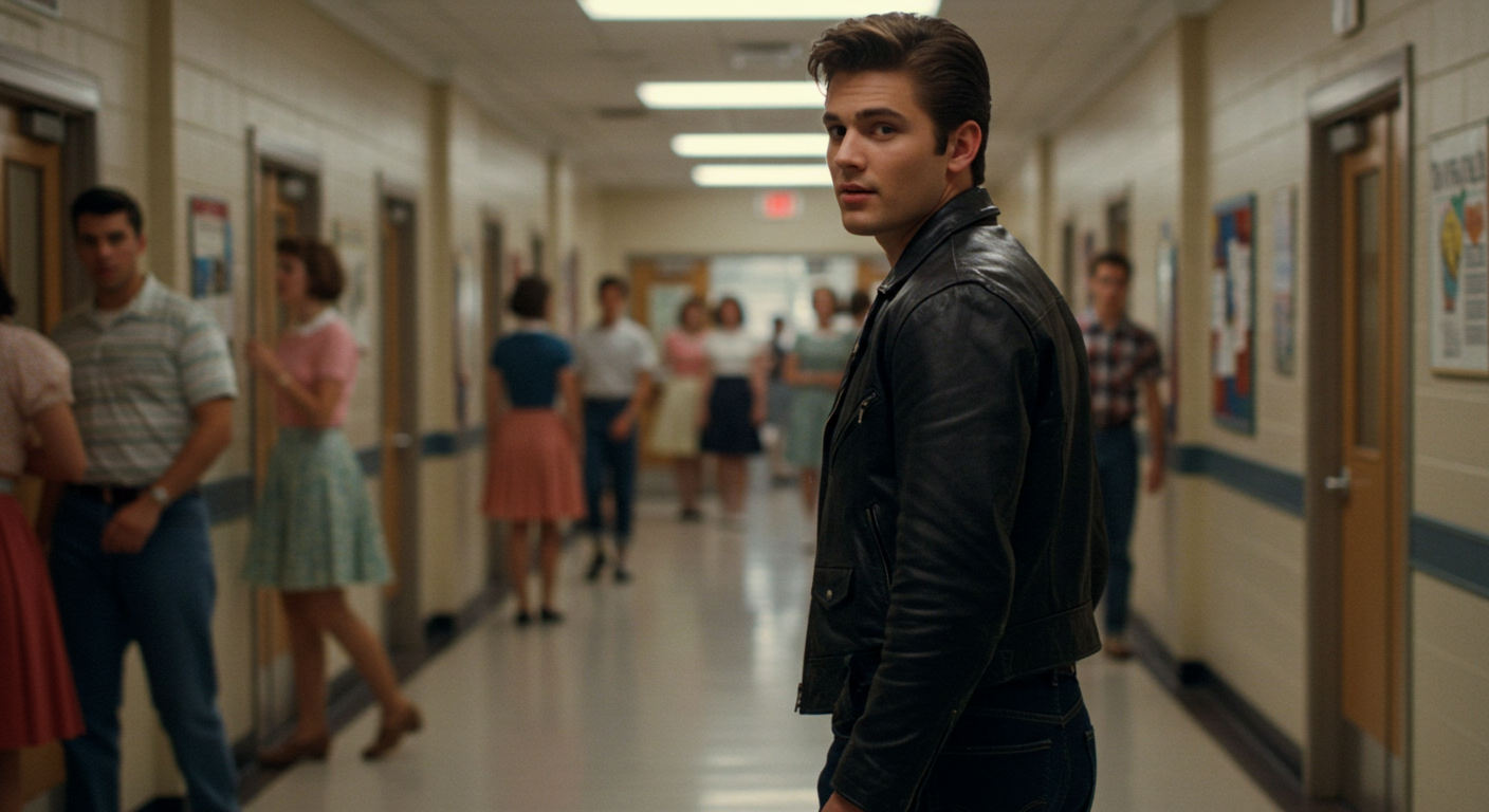 1950년대 재해석 로큰롤 스타일의 가죽 재킷과 청바지