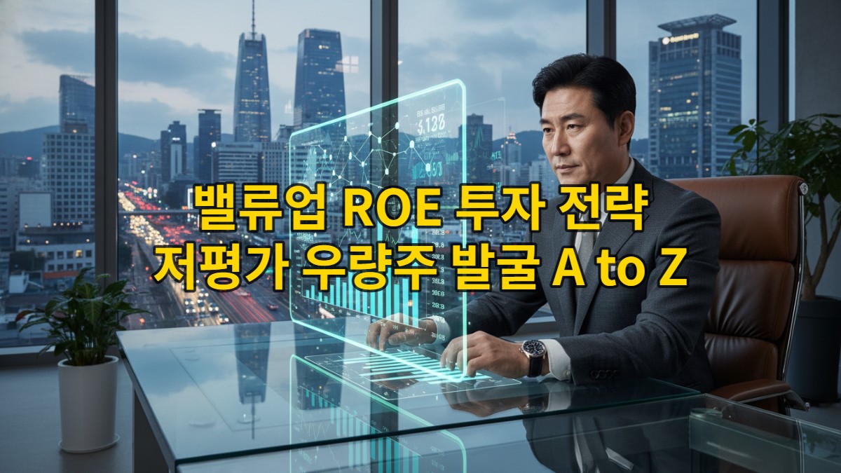 2026년 기업 밸류업 프로그램에 따라 AI 기반으로 ROE, PBR 재무 지표를 분석하며 투자 전략을 세우는 한국인 사업가의 모습.