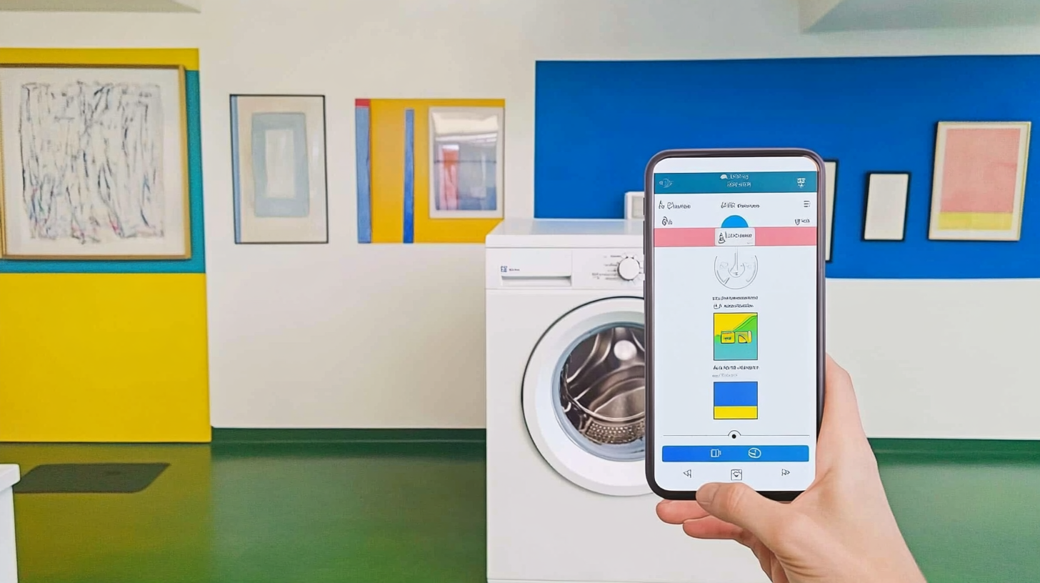 모던한 세탁실에서 스마트폰 앱으로 제어되는 스마트 세탁기의 모습, 밝은 색상과 편안한 분위기