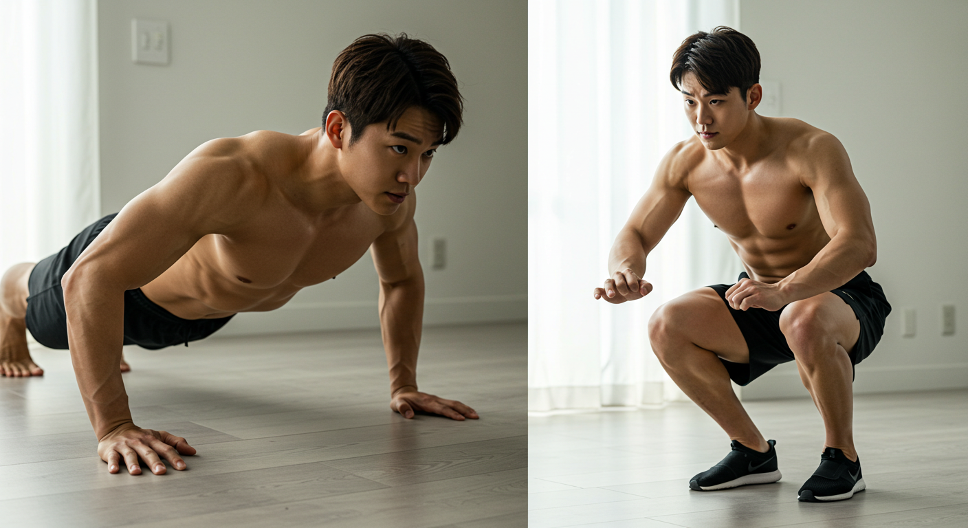 "둘째 주 근력 강화 운동 - 완벽한 자세의 푸시업과 스쿼트 시범"