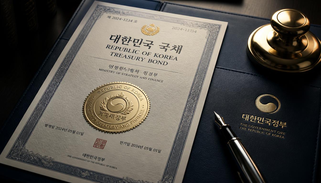 묵직한 네이비 가죽 데스크 매트 위에 대한민국 국장 금박 인장이 선명하게 각인된 개인투자용 국채 증서와 최고급 은색 스틸 만년필, 황동 문진이 품격 있게 놓여 있는 프리미엄 매크로 정물 컷.