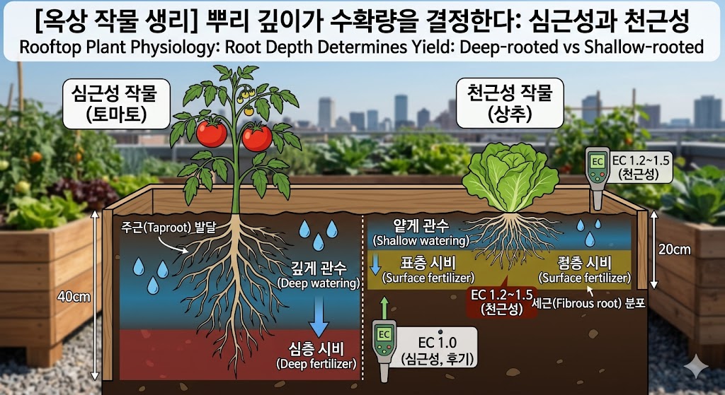 옥상 텃밭 배경. 왼쪽에는 깊은 화분에 수직으로 길게 뻗은 고추 뿌리(심근성), 오른쪽에는 얕고 넓은 화분에 수평으로 퍼진 상추 뿌리(천근성)가 단면으로 보임. 화분 아래에는 벽돌로 공기층이 형성되어 있으며 한글로 '심근성', '천근성' 표기됨