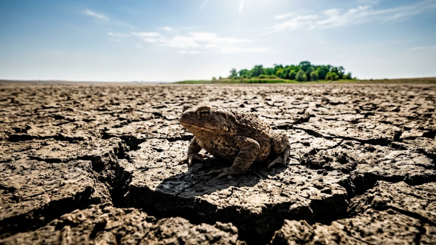 기후 위기로 인한 가뭄 속에서 고군분투하는 두꺼비의 상징적 모습