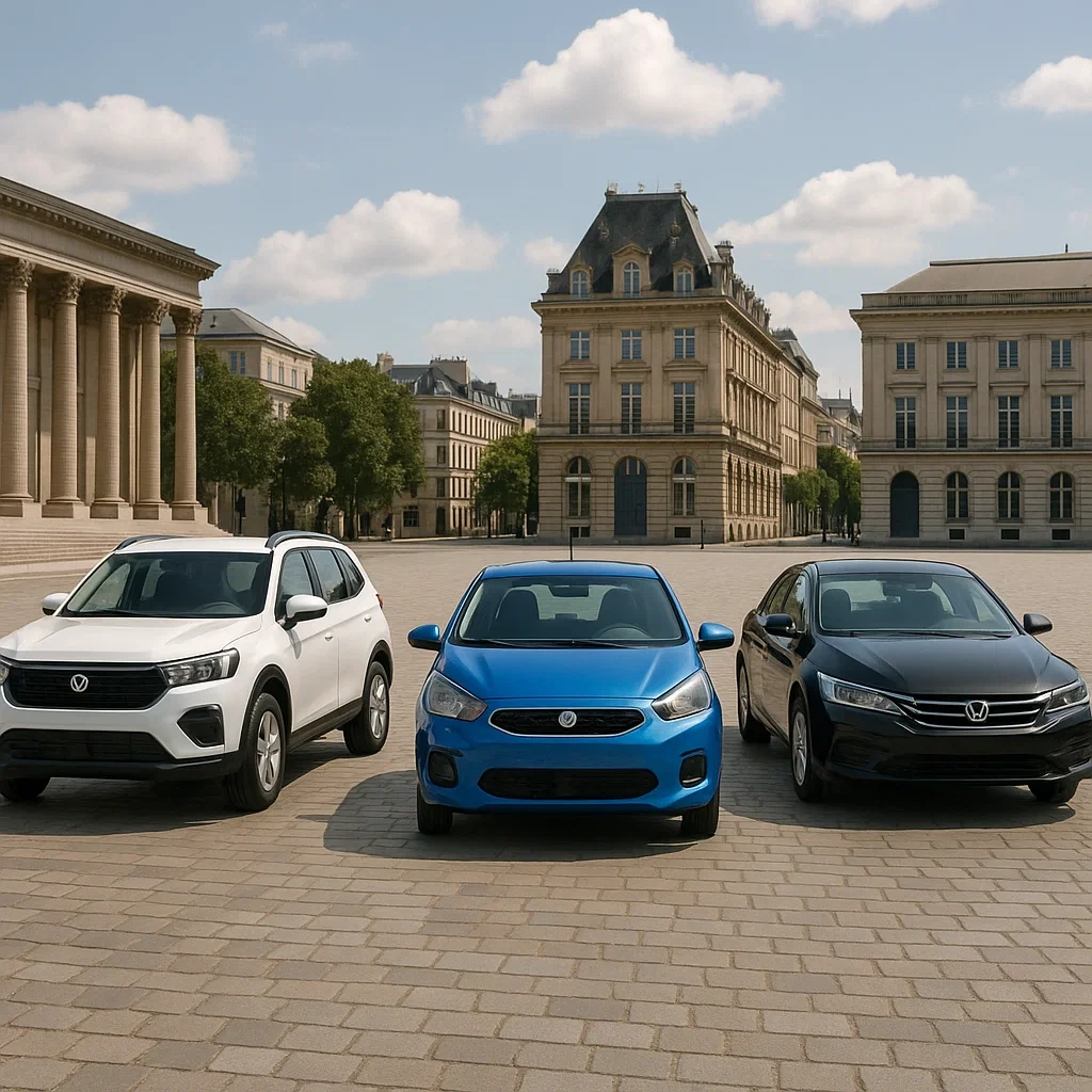 suv, 소형차, 세단 각 종류별 차가 광장에 함께 모여 정면을 바라보고 있는 사진