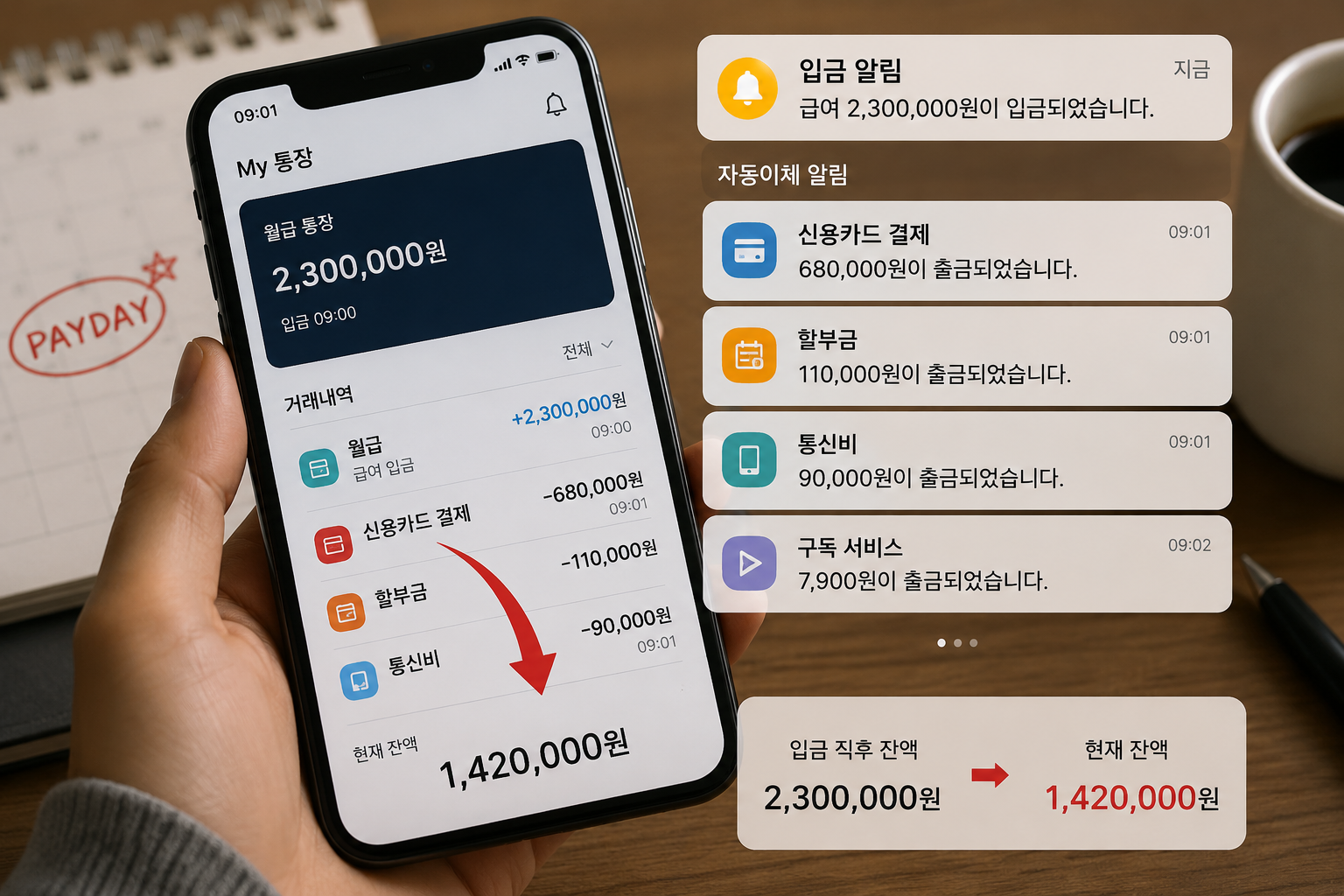 월급 입금 직후 카드값과 자동이체 알림이 동시에 뜨며 통장 잔액이 빠르게 줄어드는 모습의 이미지
