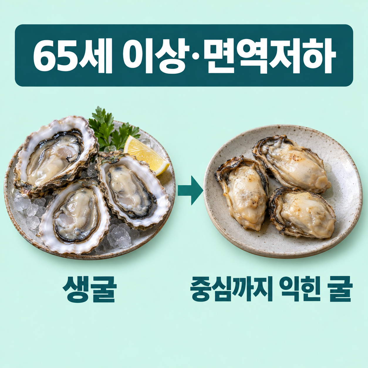생굴: 대상 &mdash; 65세 이상&middot;면역저하; 생굴: 조리 변경 &mdash; 생굴에서 중심까지 익힌 굴로