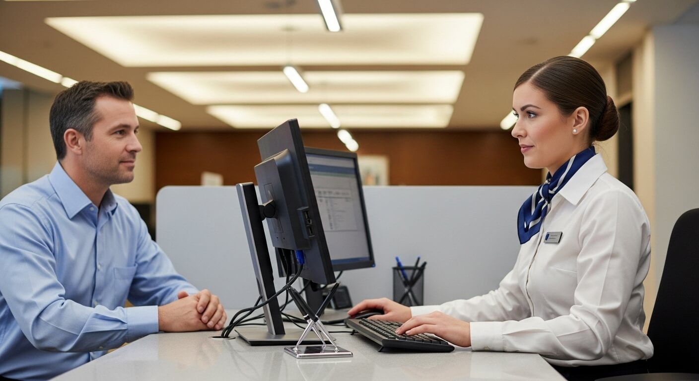 은행 창구에서 모니터를 보며 상담 중인 남성 고객과 직원