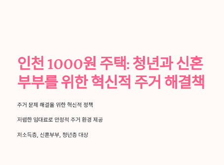 인천 1000원 주택 정책 설명 슬라이드. 인천 1000원 주택 청년과 신혼부부를 위한 혁신적 주거 해결책이 강조된 텍스트