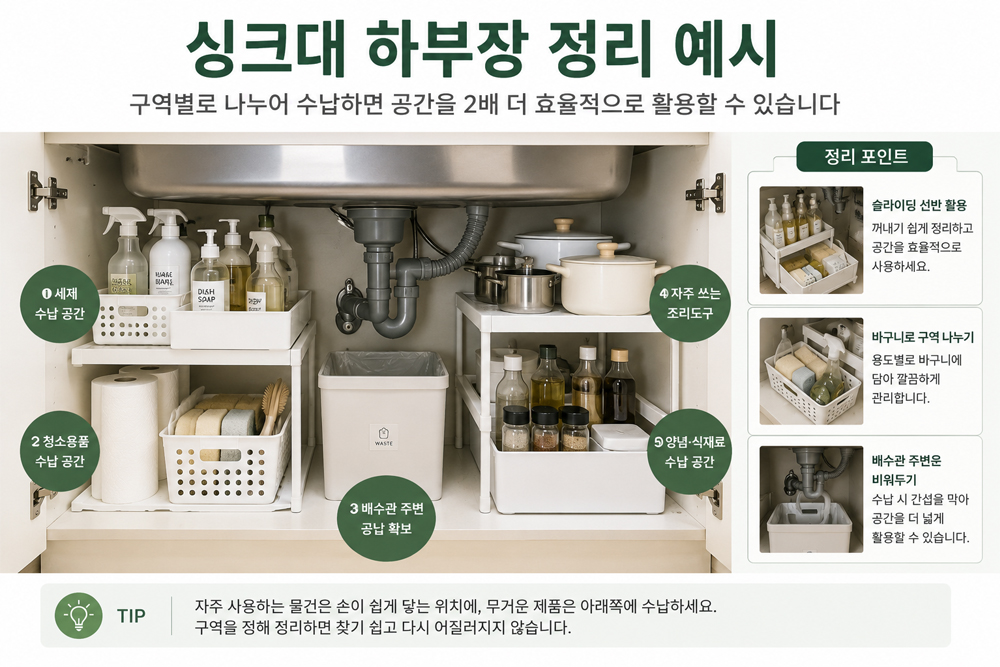싱크대 하부장을 세제와 청소용품, 자주 사용하는 조리도구별로 구역을 나누고 슬라이딩 선반과 바구니를 활용해 깔끔하게 정리한 주방 수납 이미지