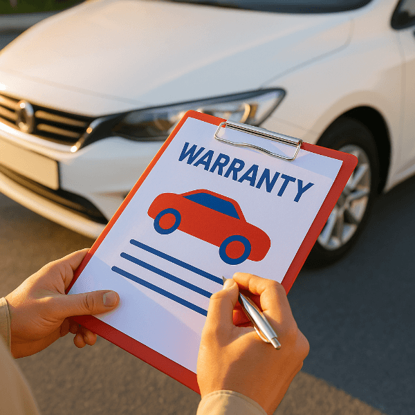 중고차 보증보험 서류를 들고 있는 손과 차량의 실사 이미지