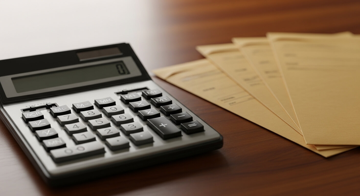 계산기와 봉투 서류 더미