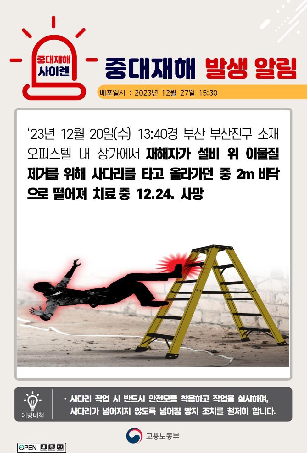 설비 위 이물질 제거를 위해 사다리를 타고 올라가던 중 떨어짐(2m)