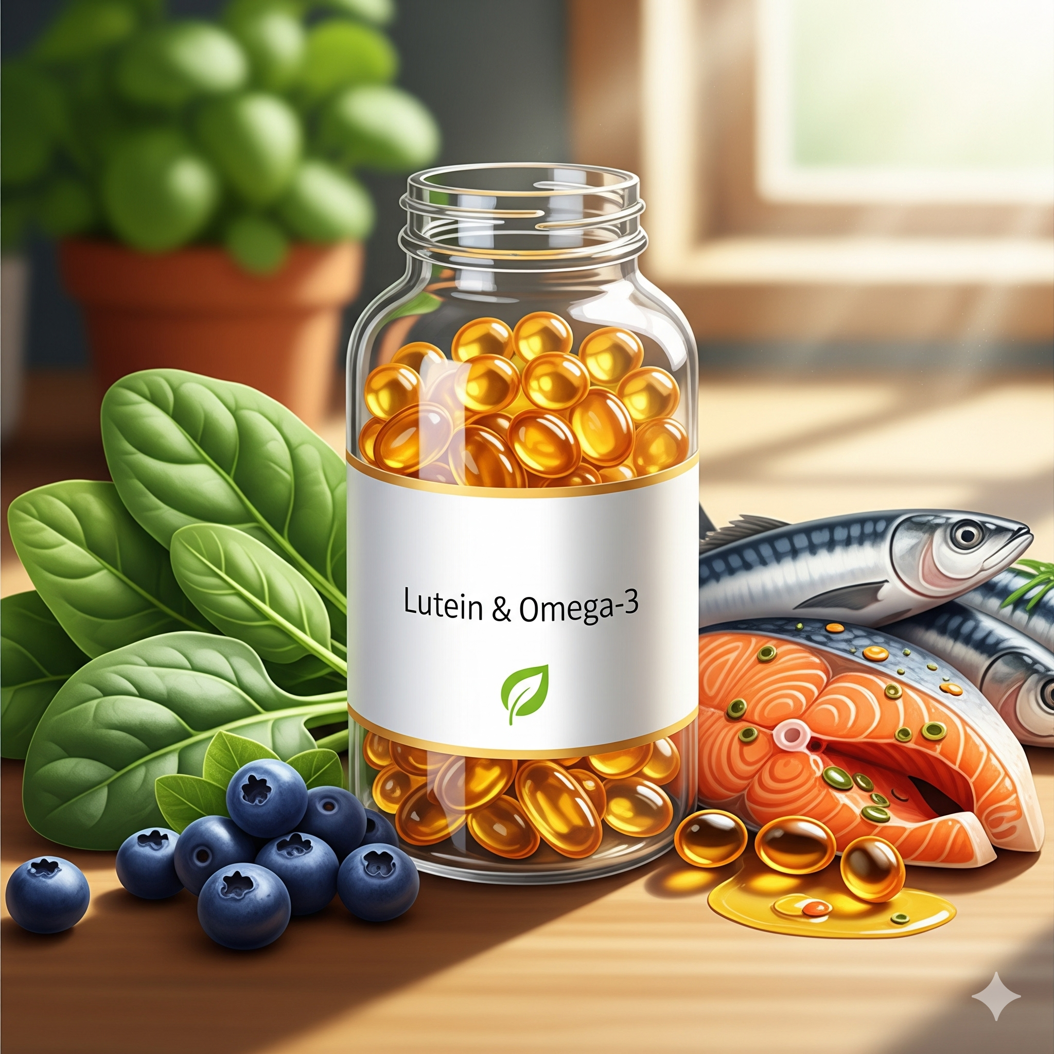 루테인과 오메가3 영양제 캡슐들