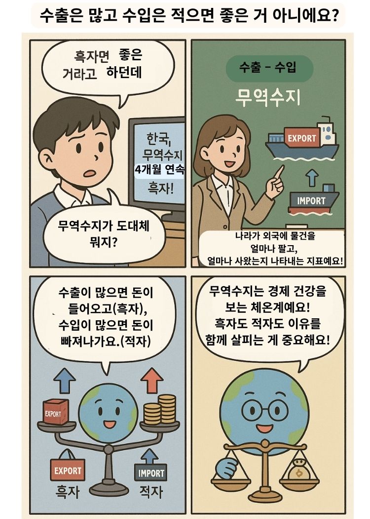 무역수지 개념을 설명하는 4컷 만화로, 학생과 선생님, 지구 캐릭터가 등장해 수출·수입, 흑자·적자의 개념을 시각적으로 설명한다.