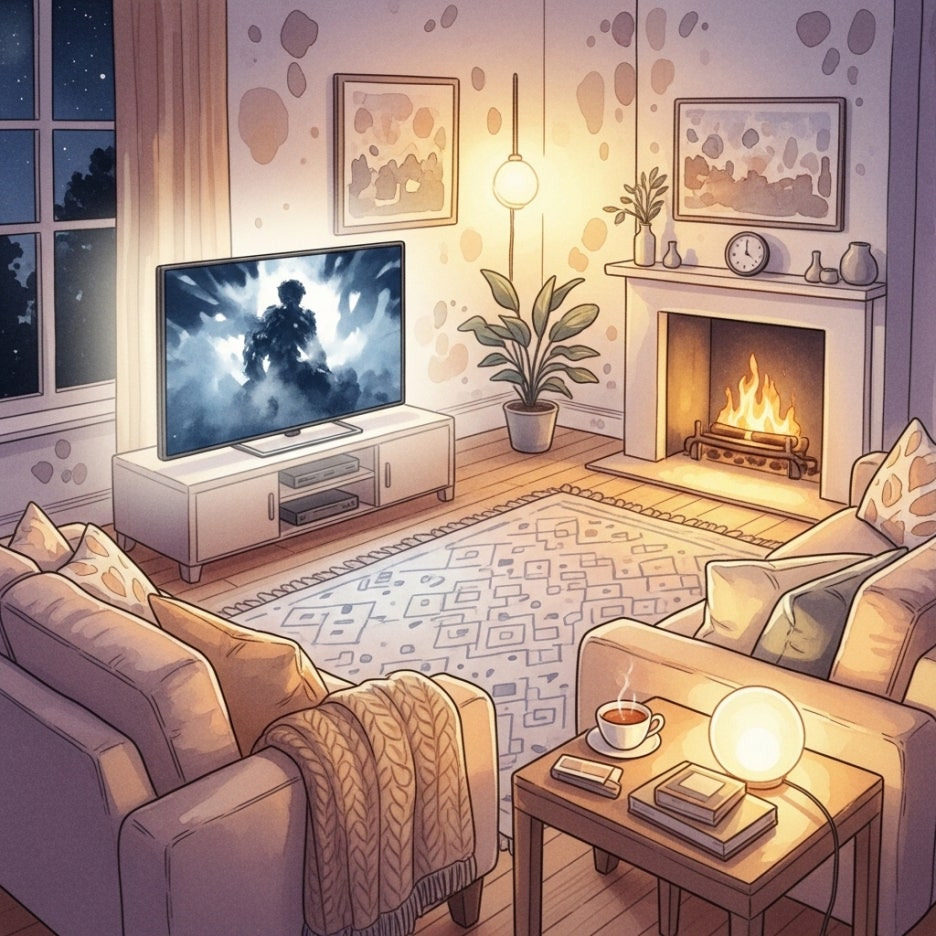 거실에서 텔레비전으로 드라마를 시청하는 풍경
