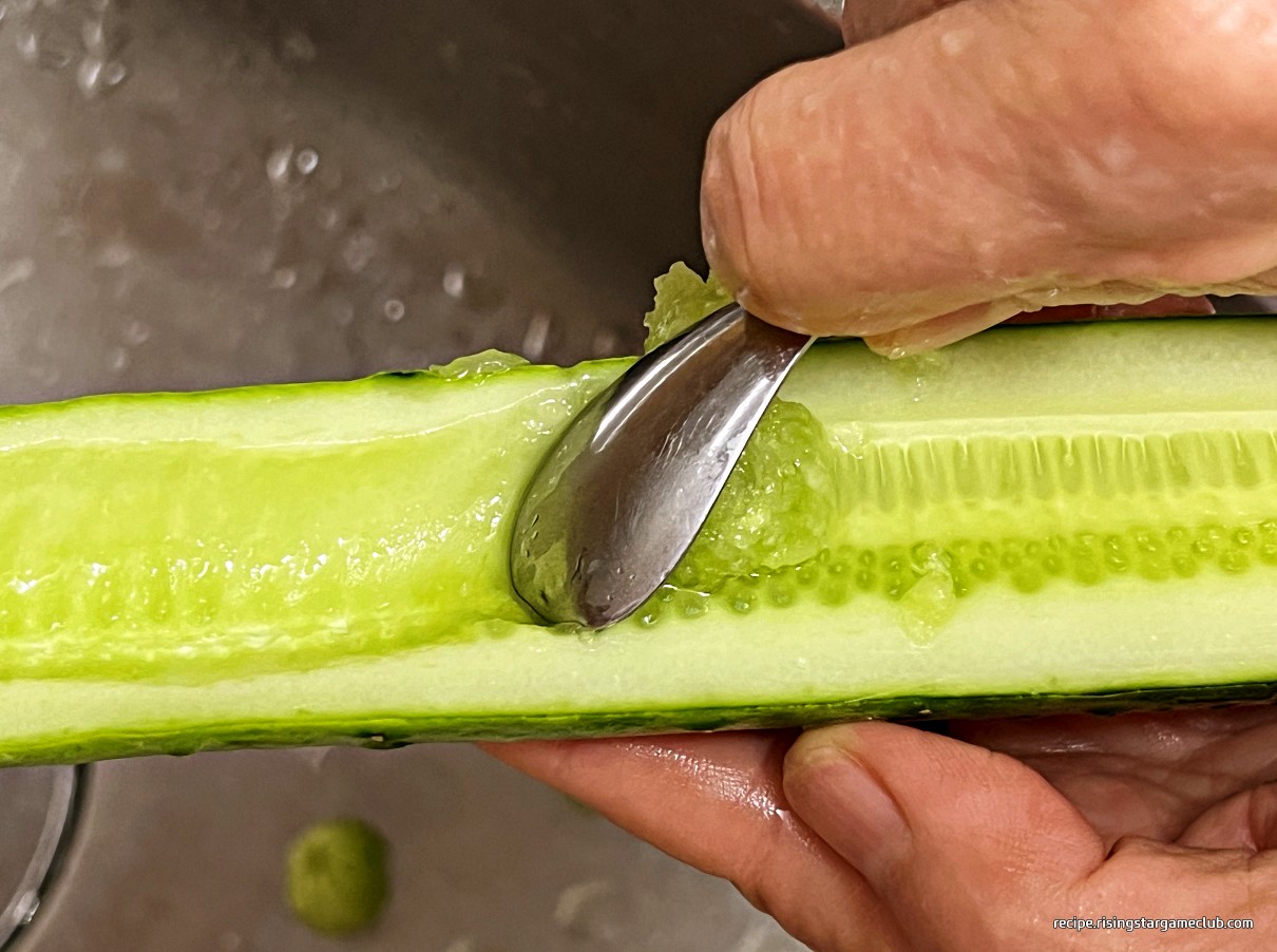 냉면 고명용 오이의 씨를 제거하는 사진