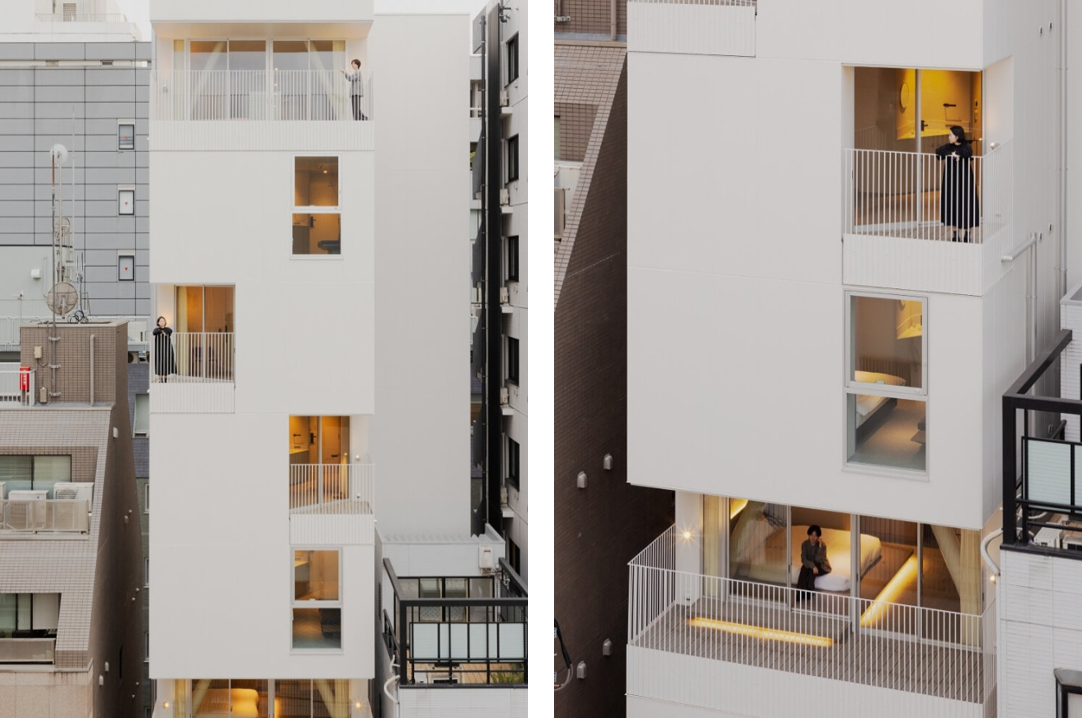 도쿄 호텔 라쿠라구 외관, 좁은 부지에 지어진 감성 건축물, 발코니와 자연 채광 구조가 돋보이는 9층 도시형 호텔 디자인