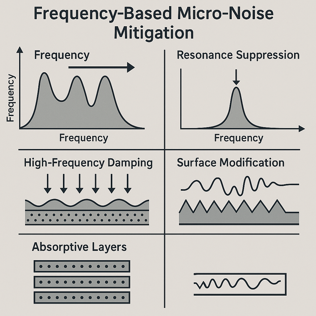 1. Frequency Spectrum
다양한 주파수대에서 생성되는 미시소음의 전체 스펙트럼을 파형 그래프로 표현했다.
2. Resonance Suppression
특정 주파수가 공진으로 크게 증폭되는 "resonant peak"를 줄이는 전략이 파형으로 묘사되어 있다.
3. High-Frequency Damping
고주파 성분이 상부에서 아래로 흡수되는 듯한 화살표들이 배치되어 있으며, 다공성 표면 구조 위로 진동이 감쇠되는 모습을 나타낸다.
4. Surface Modification
매끄러운 표면(반사가 강한 표면)과 굴곡이 있는 표면(반사가 분산되는 표면)을 비교한 파형을 통해 반사 차단 원리를 나타낸다.
5. Absorptive Layers
여러 층으로 이루어진 흡음재 구조가 아래로 갈수록 밀도나 패턴이 달라지는 형태로 표현되어 있으며, 이를 통해 다양한 주파수 대역을 동시에 흡수하는 원리를 보여준다.