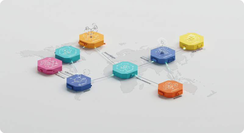 지자체별 양자 클러스터 특화 분야를 비교하는 3D 육각형 모듈들로 구성된 인포그래픽