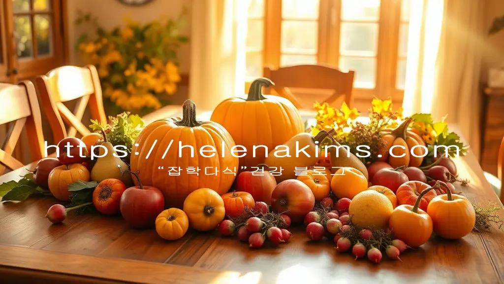 아늑한 가을 햇살이 스며드는 고급스런 나무 식탁 위, 황금빛 호박, 대나무 바구니에 가득 담긴 탐스러운 사과와 배, 감, 그리고 그 옆에는 싱싱한 무 등 다채로운 가을 제철 식재료들이 풍성하게 놓여 있는 모습.