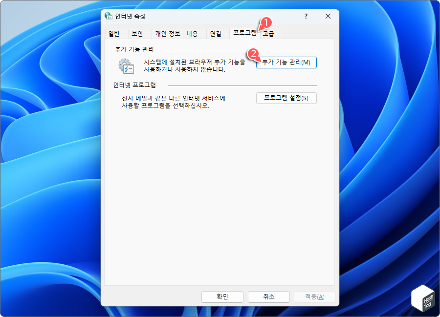 인터넷 속성 > 프로그램 탭 > 추가 기능 관리 버튼 클릭