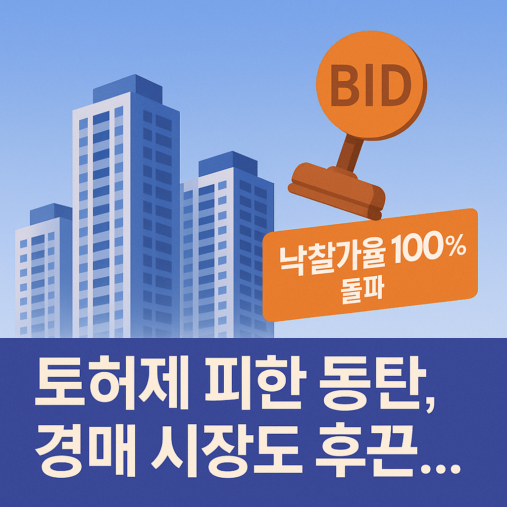 &ldquo;동탄 아파트 일러스트와 함께 &lsquo;낙찰가율 100% 돌파&rsquo; 강조 문구가 들어간 경매시장 활황 썸네일 이미지&rdquo;
