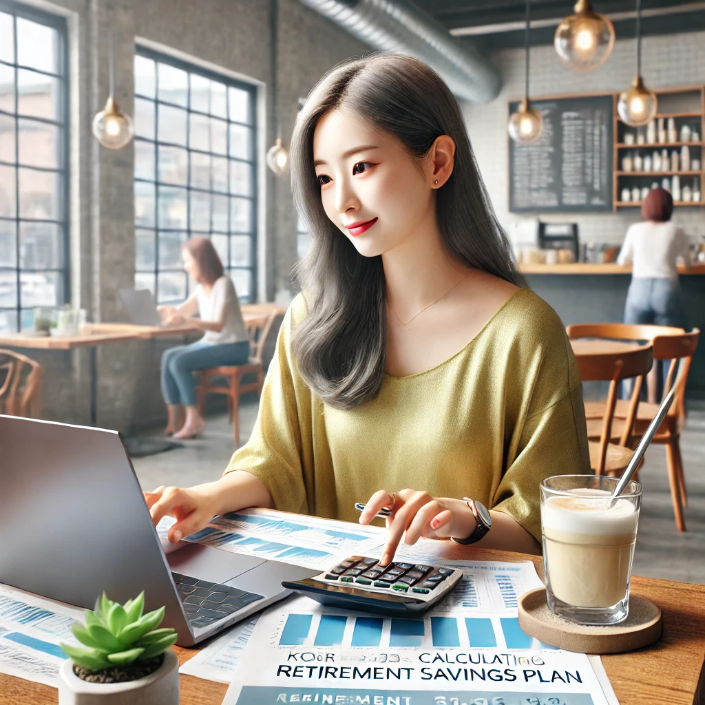 여성(30대)이 카페에서 노트북과 금융 서류를 보며 은퇴 저축 계획을 계산하는 장면