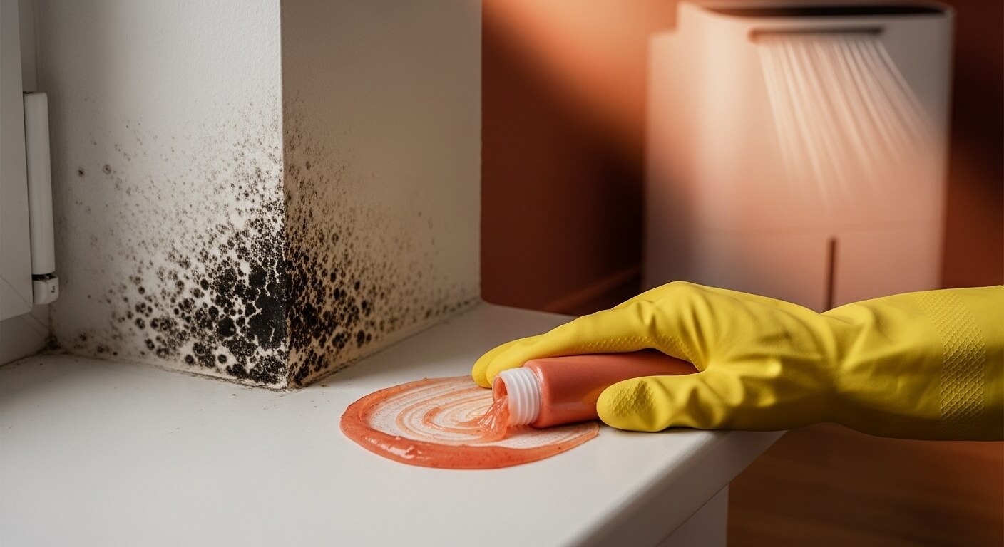 곰팡이제거-벽에곰팡이가 퍼져있고 장갑을끼고 락스를 뿌려놓았다