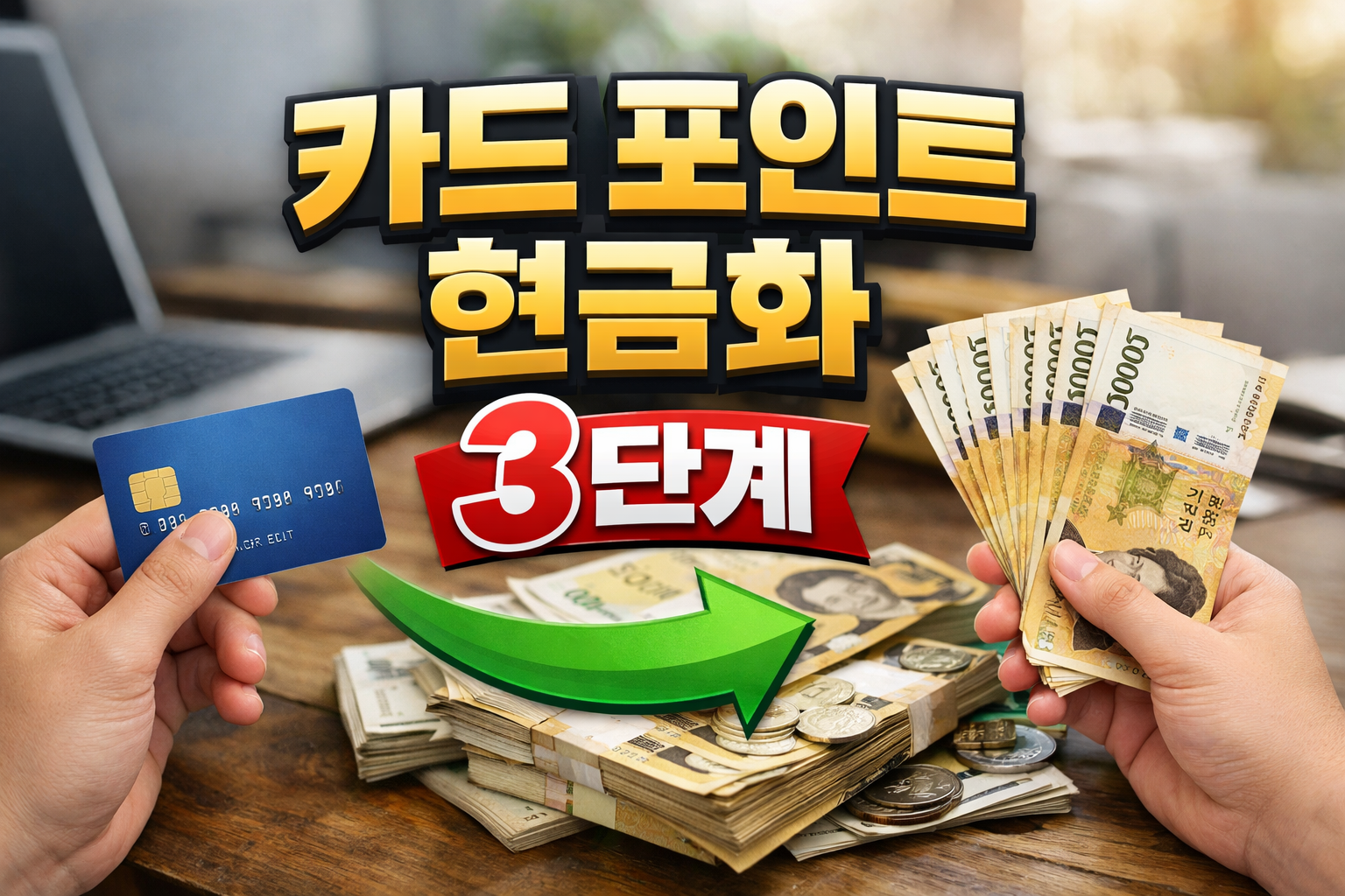 카드 포인트 현금화 3단계 과정과 카드에서 현금으로 전환되는 과정을 보여주는 실사 이미지