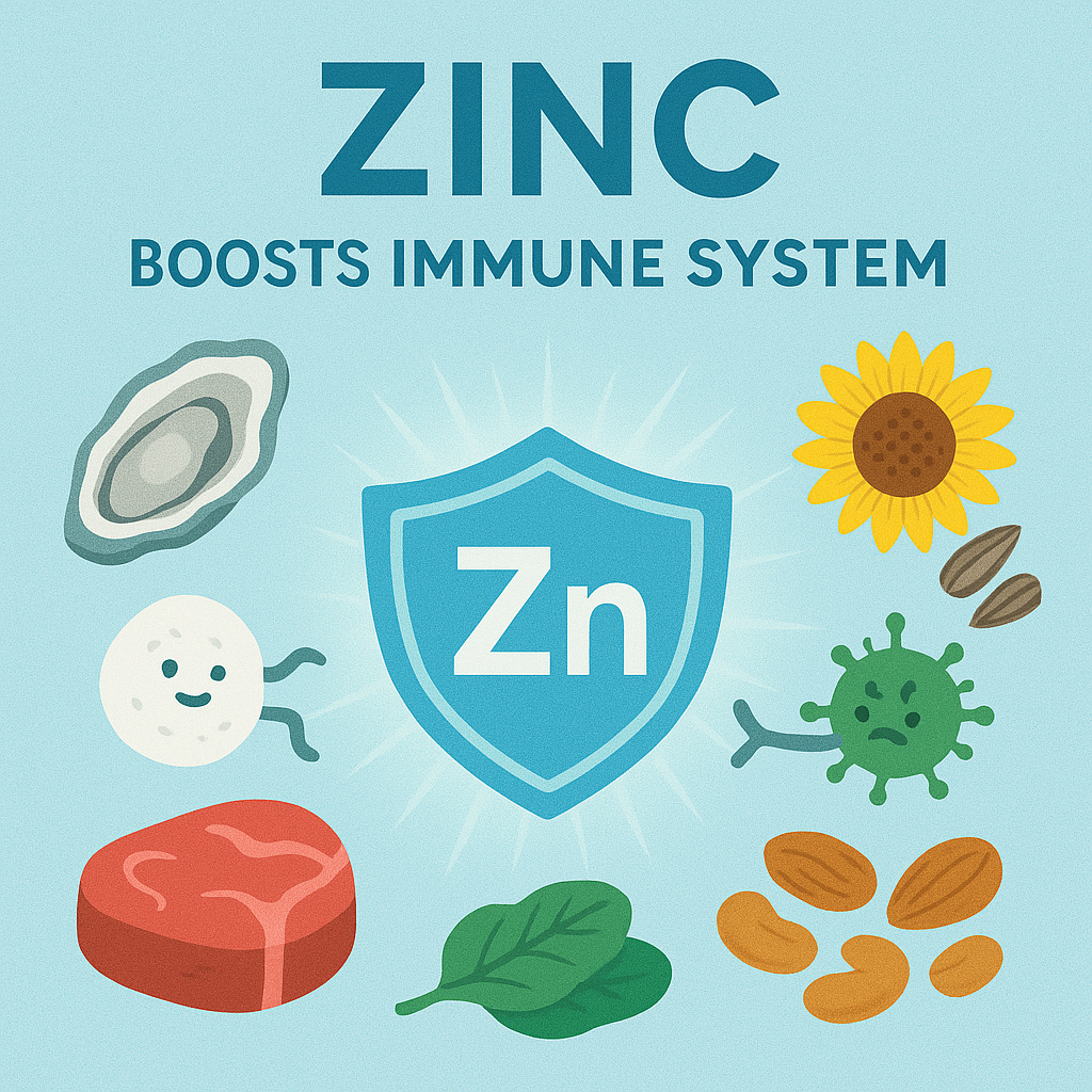 아연이 풍부한 식품(굴, 소고기, 해바라기씨, 콩류)