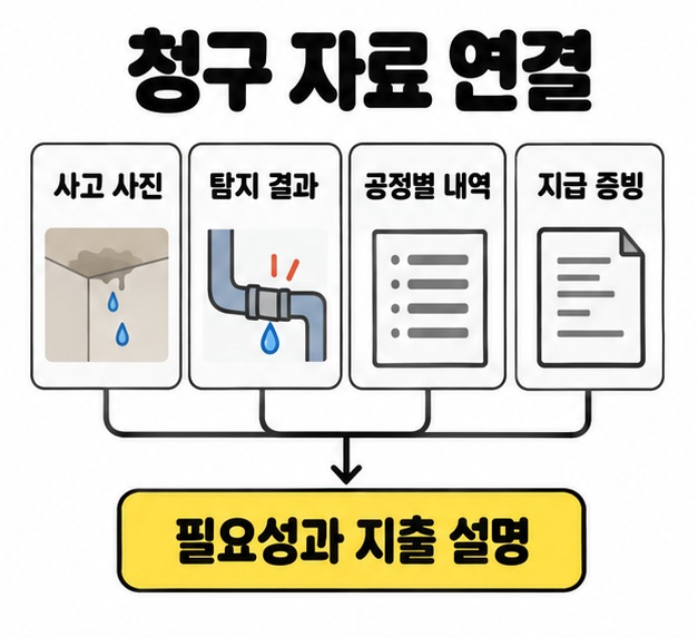 사고 사진, 탐지 결과, 공정별 내역, 지급 증빙을 필요성과 지출 설명으로 연결한 청구 자료 도식