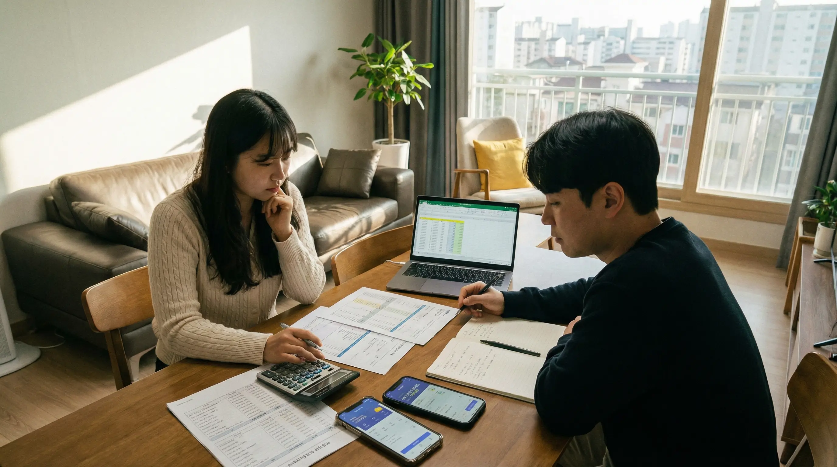 계산기와 스마트폰을 이용해 전세 보증금 증액에 필요한 자금을 확인하고 계획을 세우는 모습