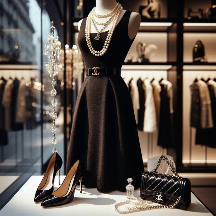 명품 브랜드인 샤넬 Chanel를 표현한 옷과 구두와 가방