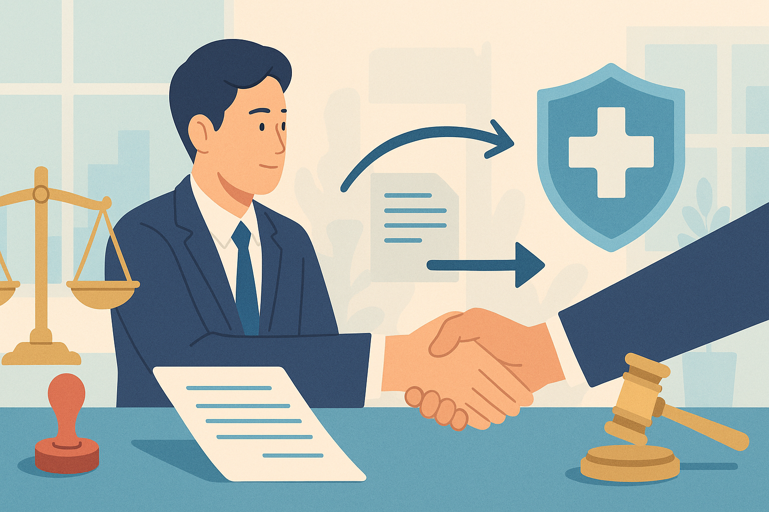 계약자유의 원칙과 그 제한을 상징하는 와이드 배너형 일러스트로, 저울과 계약서, 도장, 악수, 청약과 승낙의 흐름을 나타내는 화살표, 사회적 약자 보호를 뜻하는 방패 아이콘, 법원의 망치가 포함되어 민법상 계약의 성립 요건과 사회질서·강행법규에 따른 제한을 시각적으로 표현한 장면.