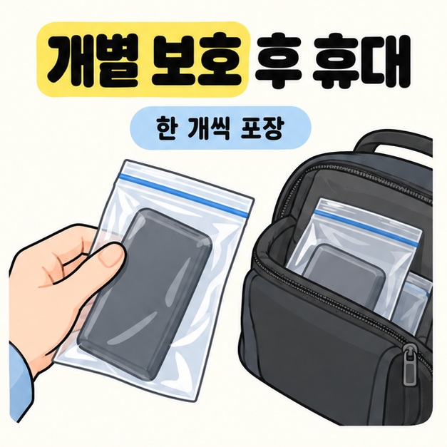 보조배터리를 한 개씩 투명 지퍼백으로 포장해 개인 휴대 가방에 넣는 모습