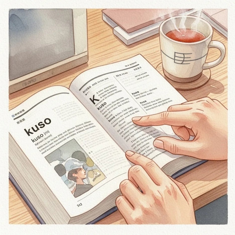 일본어 사전에서 '쿠소' 단어를 찾아보는 모습