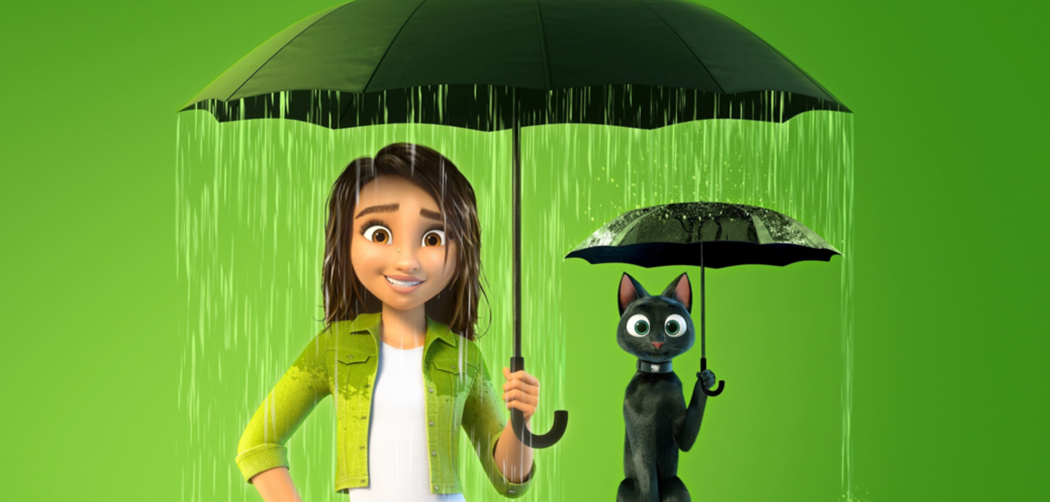 Luck-이미지이다.-샘은-우산을-들고-있지만-우선안에만-비가온다.-샘의-우산-밑에있는-고양이는-다시-우산을-써-그-비를-피하고-있다.