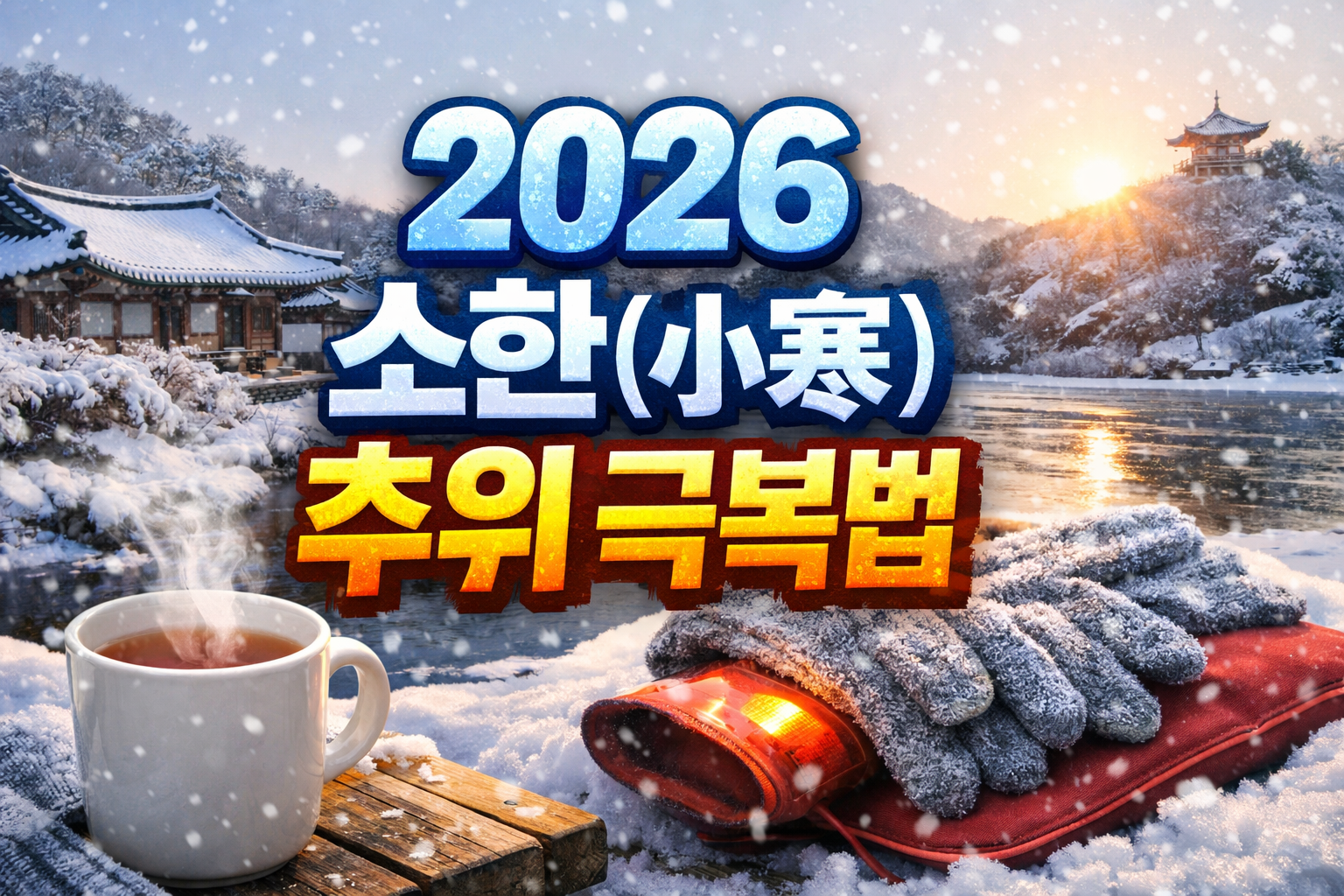 2026 소한 절기 추위 극복을 상징하는 이미지로 눈 덮인 한옥 풍경과 따뜻한 차, 방한 장갑이 함께 놓인 장면
