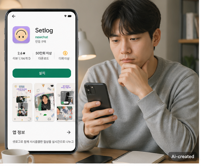 셋로그 앱이 무엇인지 몰라 설치 여부를 고민하는 스마트폰 사용자 상황