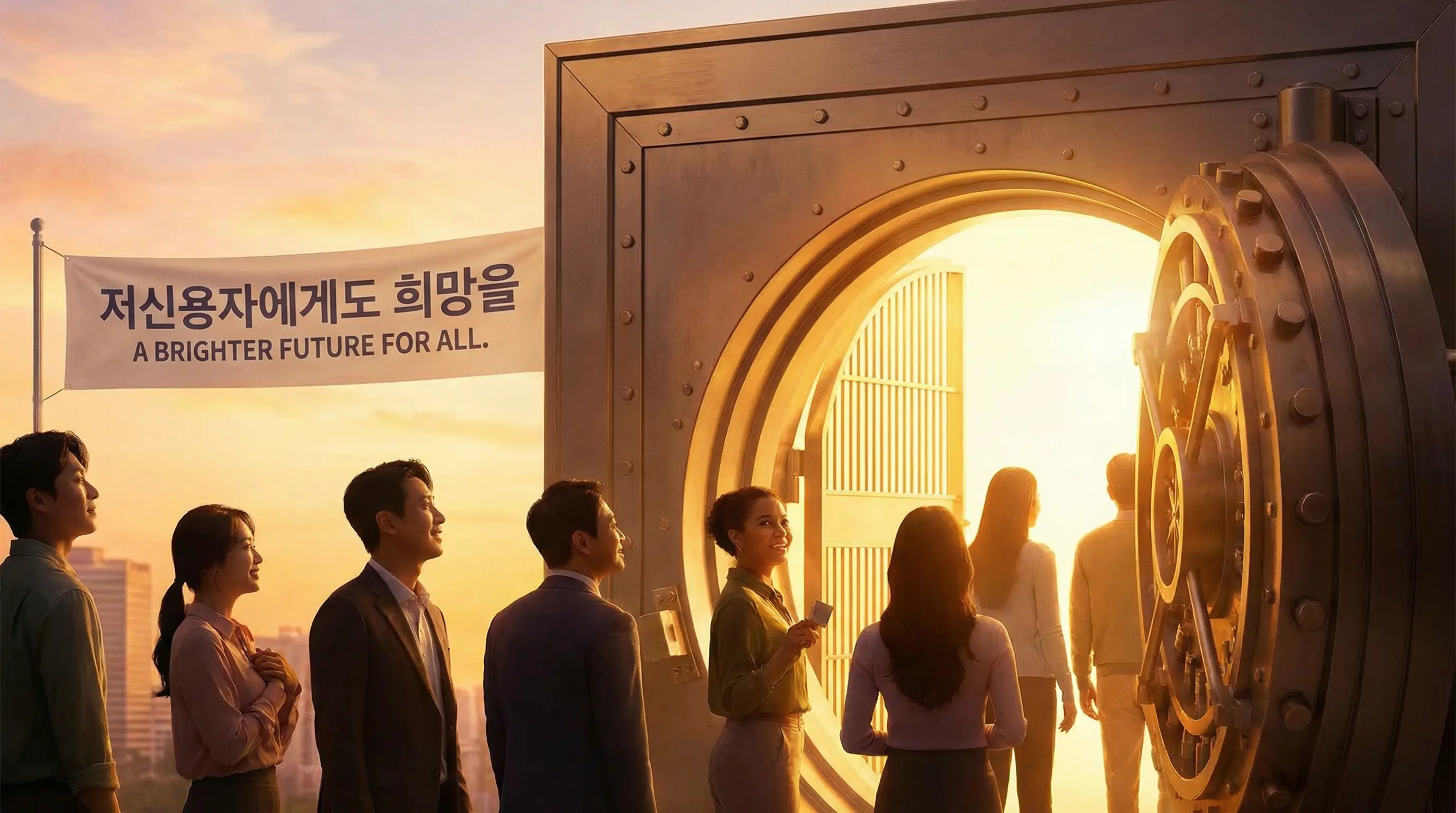 닫혀있던 은행 금고 문이 열리며 저신용자에게도 희망의 빛이 비치는 긍정적인 이미지