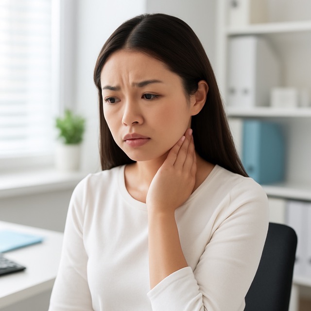 목 임파선 부위를 조심스럽게 만지는 여성의 모습(출처: 자체제작)