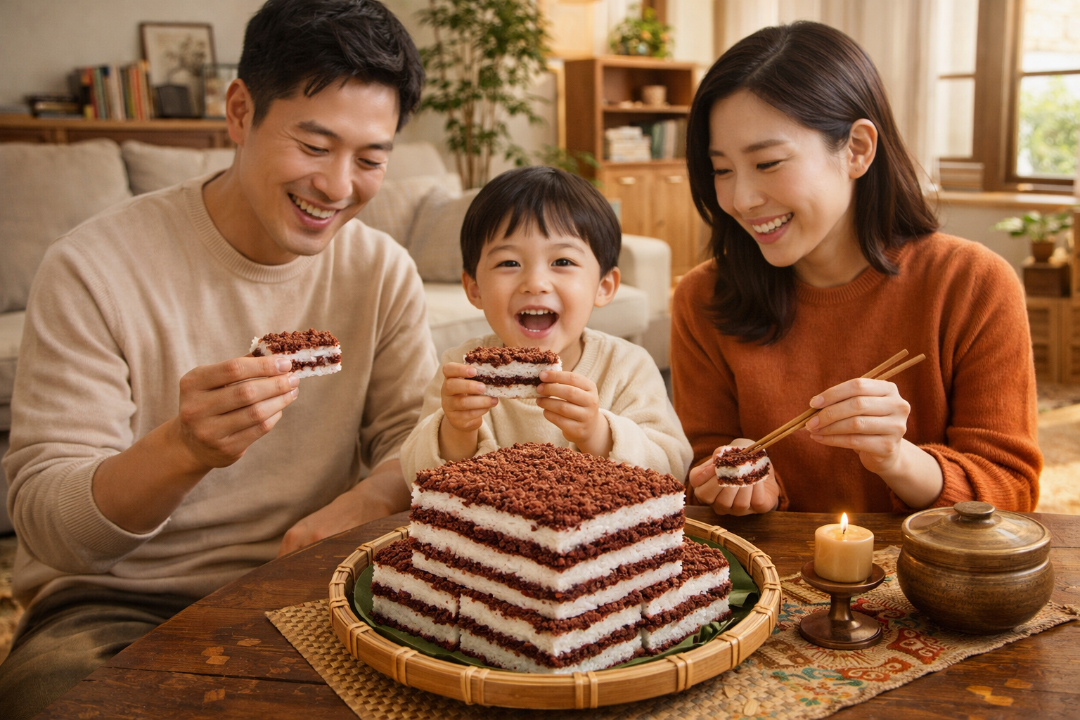 현대적인 가정에서 어린 자녀와 부모가 함께 팥시루떡을 나누며 웃고 있는 모습. 전통 풍습을 현대적으로 계승하는 따뜻한 가족의 정을 나타냅니다.