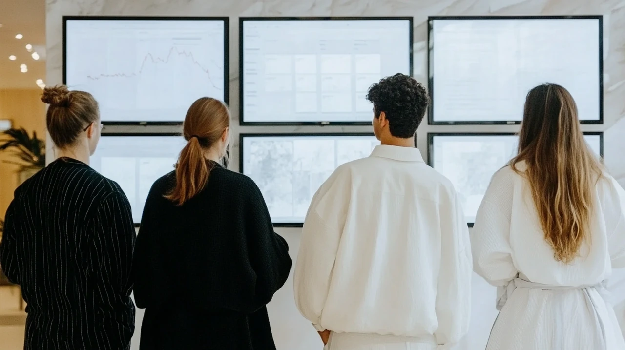 다양한 투자자들이 갤러리 형태로 디스플레이된 2025년 목표 연금 테마형 ETF 성과와 테마를 분석하고 있습니다. 호기심과 참여를 자극하는 분위기 속의 현장입니다.